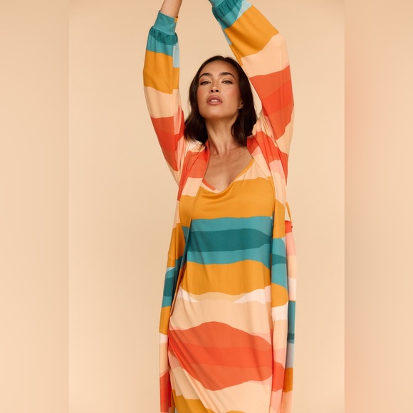 NWOT Mason Grey Skyler Banded Long Robe in Sunset, Size Small - Picture 2 of 9